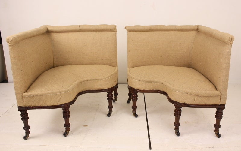 These chairs offer a very dramatic look, and will be the focal point in any room.  The shape is so unusual, and the chairs are roomy and comfortable.  A surprising find.  The mahogany has a rich beautiful patina, the serpentine reeded frame is