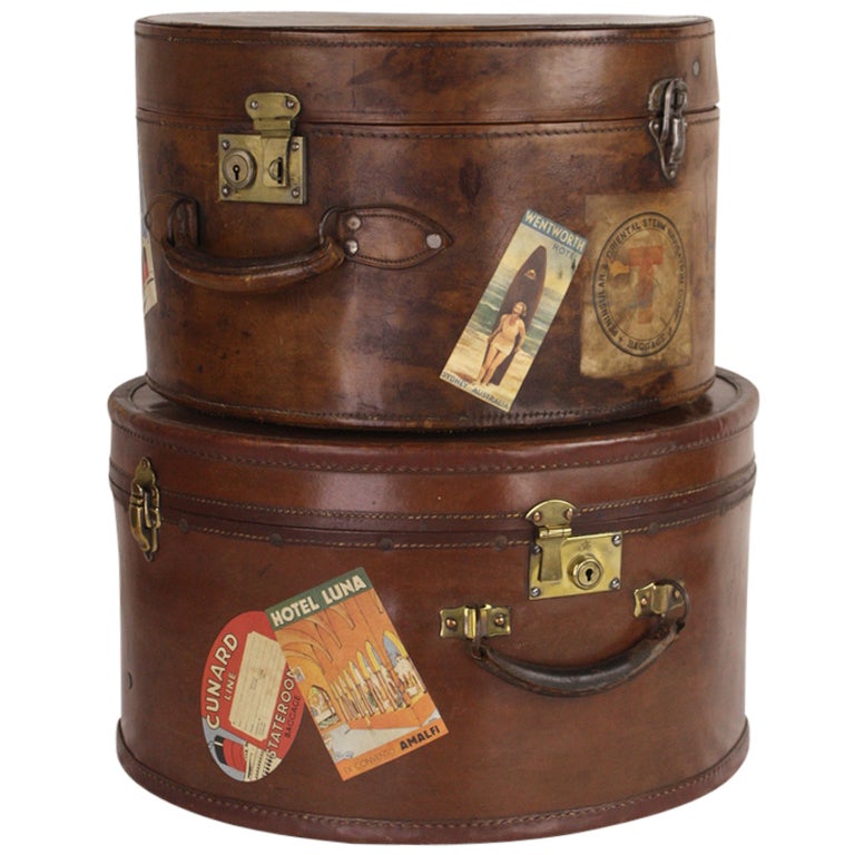 Pair of Antique English Leather Travel Hat Boxes at 1stdibs
