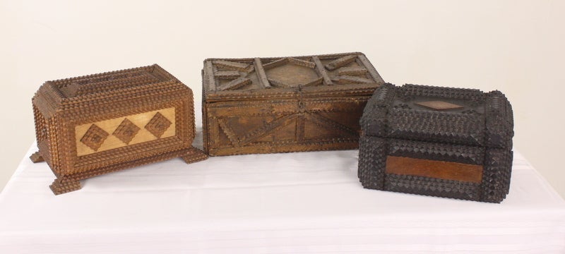 20th Century Three French Antique Tramp Art Boxes