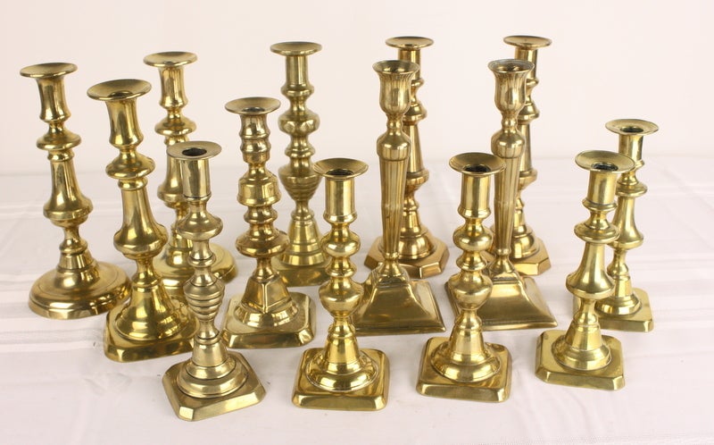 Antique English Brass Candlesticks, Five Pair, Four Singles