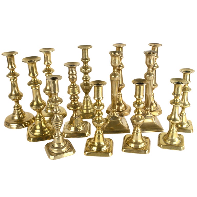 Antique English Brass Candlesticks, Five Pair, Four Singles For Sale at