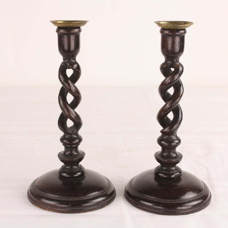 English Two Pair of Antique Oak Open Barley Twist Candlesticks