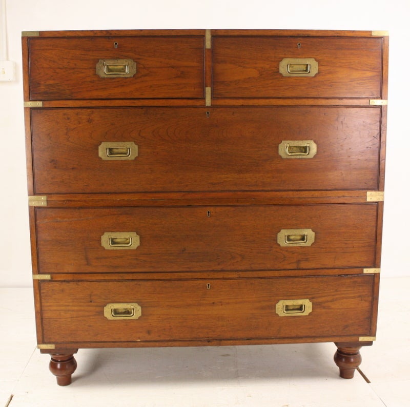 In two parts, as is traditional for campaign travels, this is an excellent example of the classic campaign chest.  The bureau has all original brasses.  Very attractive, with lovely color and patina.