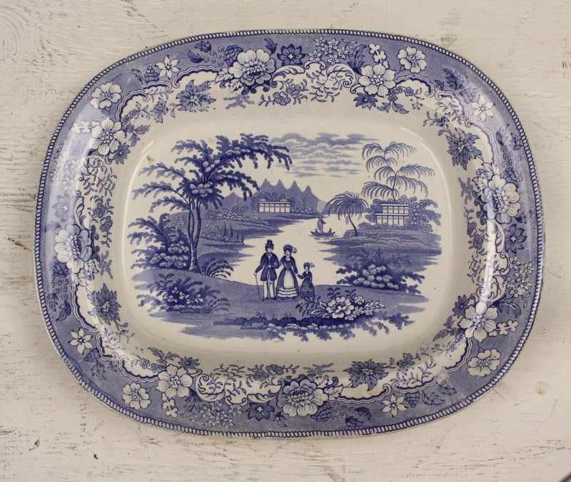 Very interesting assortment of antique blue and while platters, and one bowl. These would be great in a hanging dish rack, grouped in the English style.  Some are in quite good antique condition, some are very distressed, very well-used.  Together