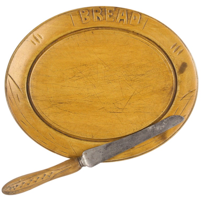 Breadboard, Antique English Rare Oval Shape, and Carved Knife For Sale