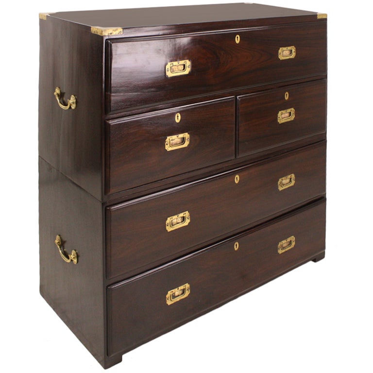 This is a stunning Campaign secretaire or chest of drawers, in rich mahogany and all original brasses. Outstanding for a man's office. The interior desk is a beautifully set-out series of drawers and cubby-holes, with the secretaire opening and