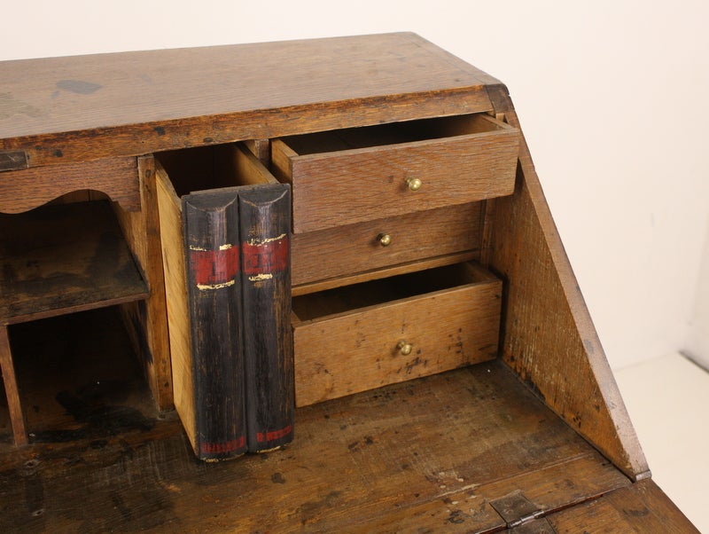 Wood Antique English Period Oak Mahogany-Banded Bureau For Sale