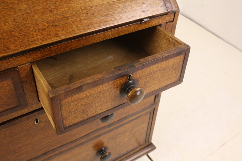 Antique English Period Oak Mahogany-Banded Bureau For Sale 3