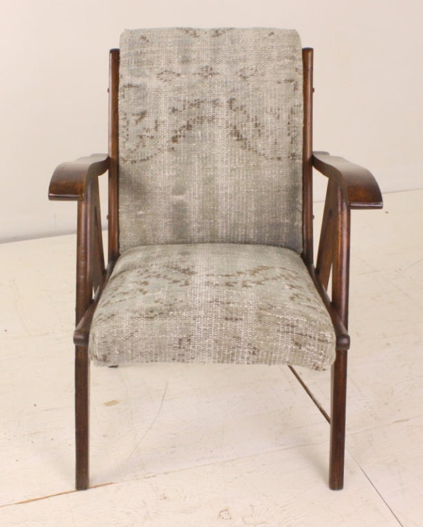 Continental Mid-Century Chair, Antique Oriental Rug Upholstery