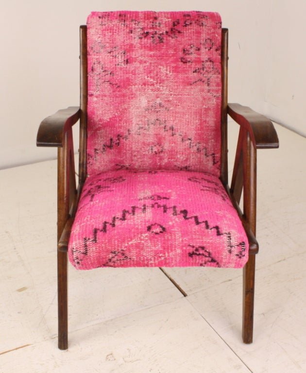 Continental Mid-Century Chair, Antique Oriental Rug Upholstery