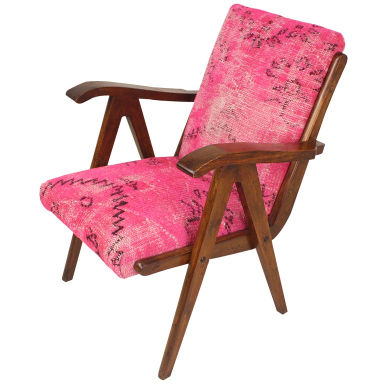 Continental Mid-Century Chair, Antique Oriental Rug Upholstery