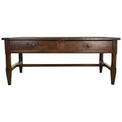 Antique French Two-Drawer Oak Coffee Table with Stretchers