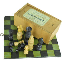 Painted English Chess Board, Complete Set of Pieces and  Lidded Box