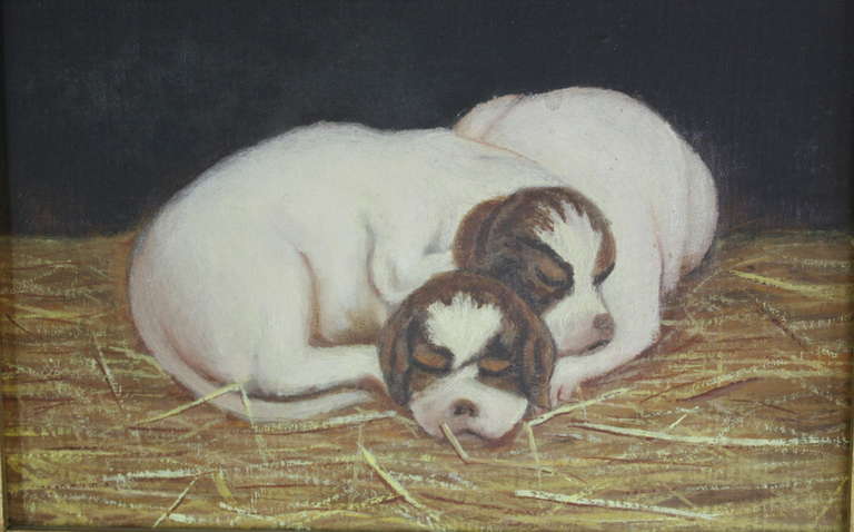 Antique English Oil Painting of Puppies In Good Condition In Port Chester, NY