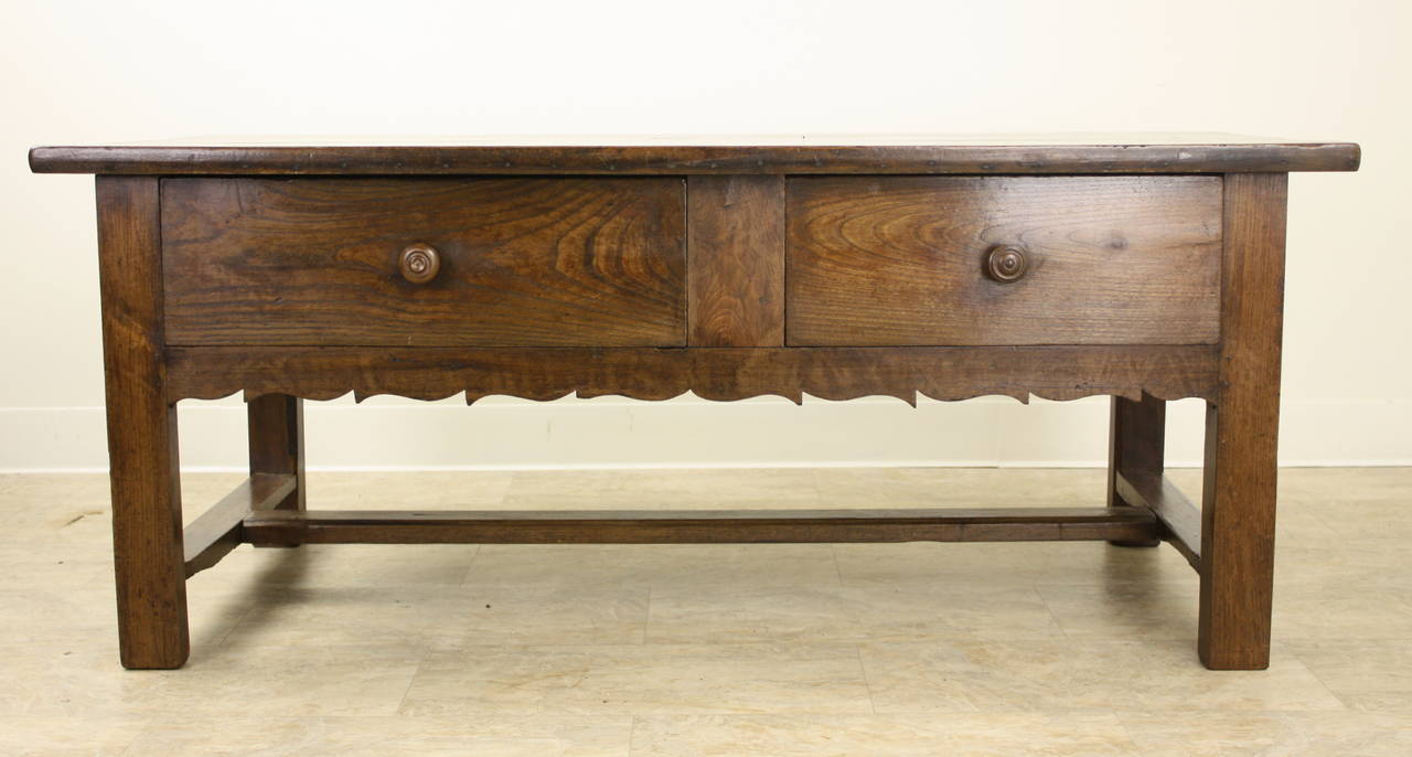 Antique French Chestnut Coffee Table, Stretcher and Shaped Apron In Good Condition In Port Chester, NY