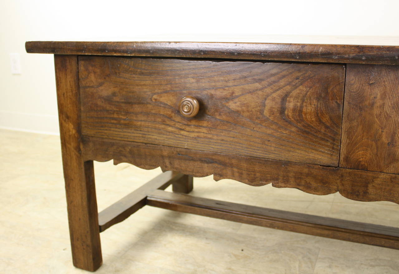 19th Century Antique French Chestnut Coffee Table, Stretcher and Shaped Apron