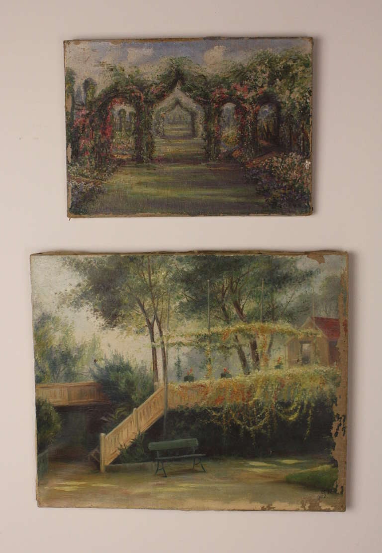 Charmante paire de peintures à l'huile anciennes anglaises représentant des jardins en vente 2
