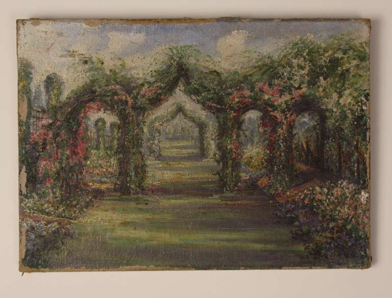 Would be very pretty oil in old frame, sweet for a girl's room. Nicely done, very pretty flowers. Charming in the shabby chic manner.

Measurement below is for the larger painting. The smaller one measures 14 W x 10 H.