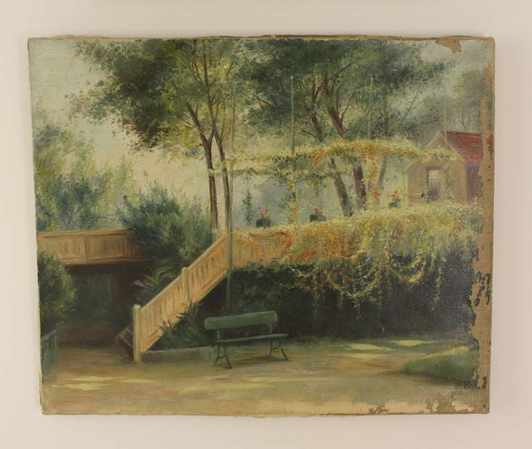 20ième siècle Charmante paire de peintures à l'huile anciennes anglaises représentant des jardins en vente