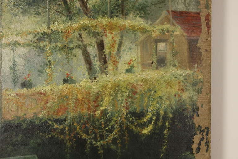 Toile Charmante paire de peintures à l'huile anciennes anglaises représentant des jardins en vente