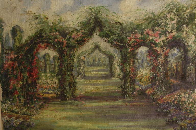 Charming Pair of English Antique Garden Oil Paintings In Fair Condition For Sale In Port Chester, NY