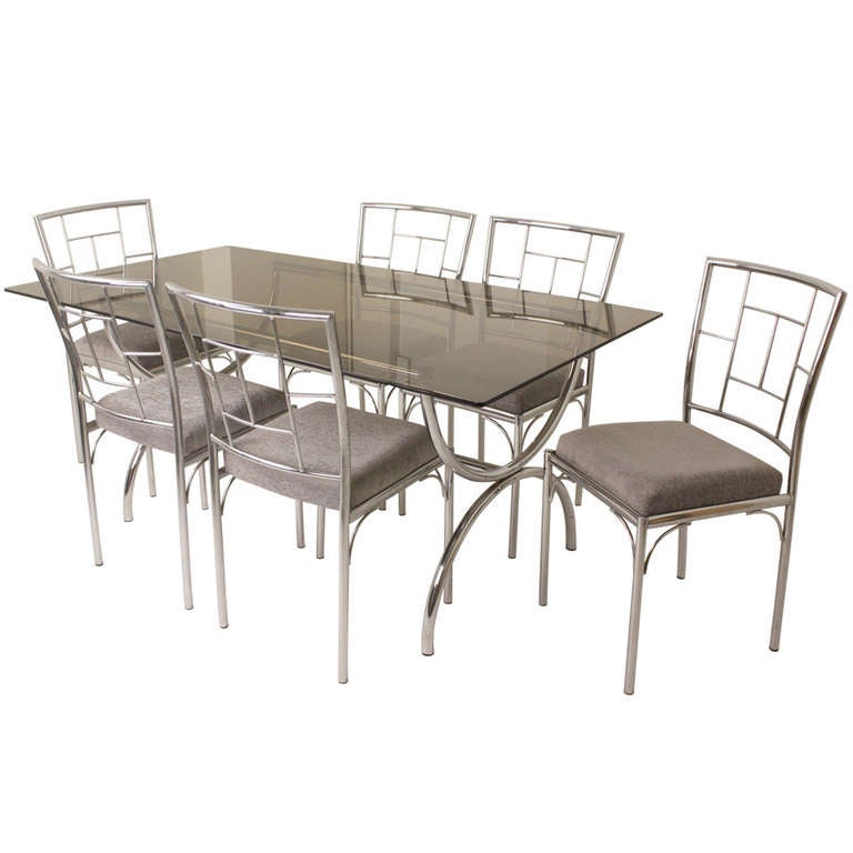 Vintage Italian Chrome and Glass Dining Table Six Chairs