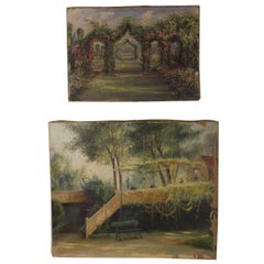 Charming Pair of English Antique Garden Oil Paintings