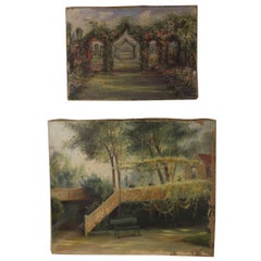 Charming Pair of English Vintage Garden Oil Paintings