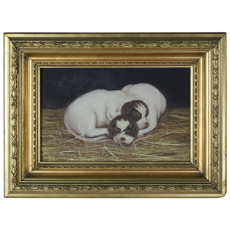 Antique English Oil Painting of Puppies