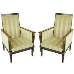 PAIR of 1920's Art Deco Mahogany Armchairs, Ormolu Accents