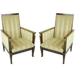 PAIR of 1920's Art Deco Mahogany Armchairs, Ormolu Accents