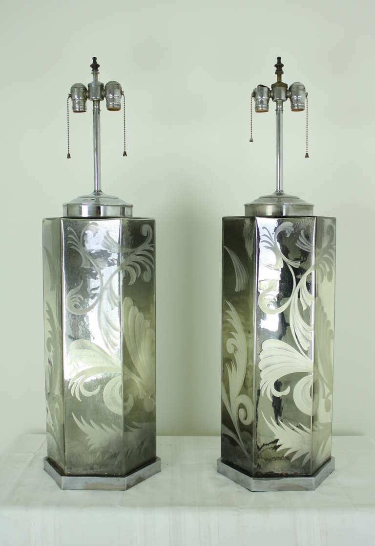 Mid-20th Century Pair Large Mercury Glass Lamps, Vintage For Sale