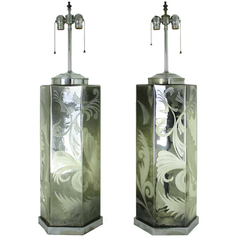 Pair Large Mercury Glass Lamps, Vintage For Sale