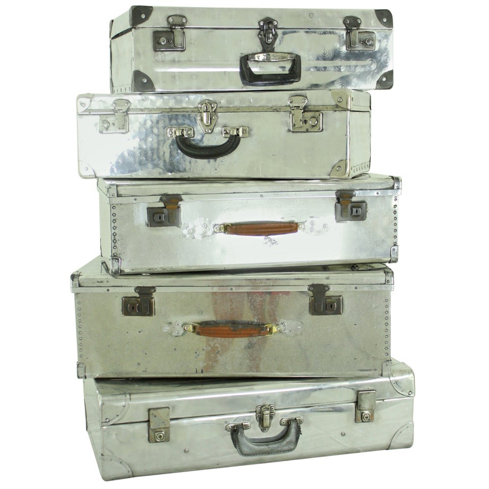 Set of Five Vintage English Aluminum Airplane Suitcases