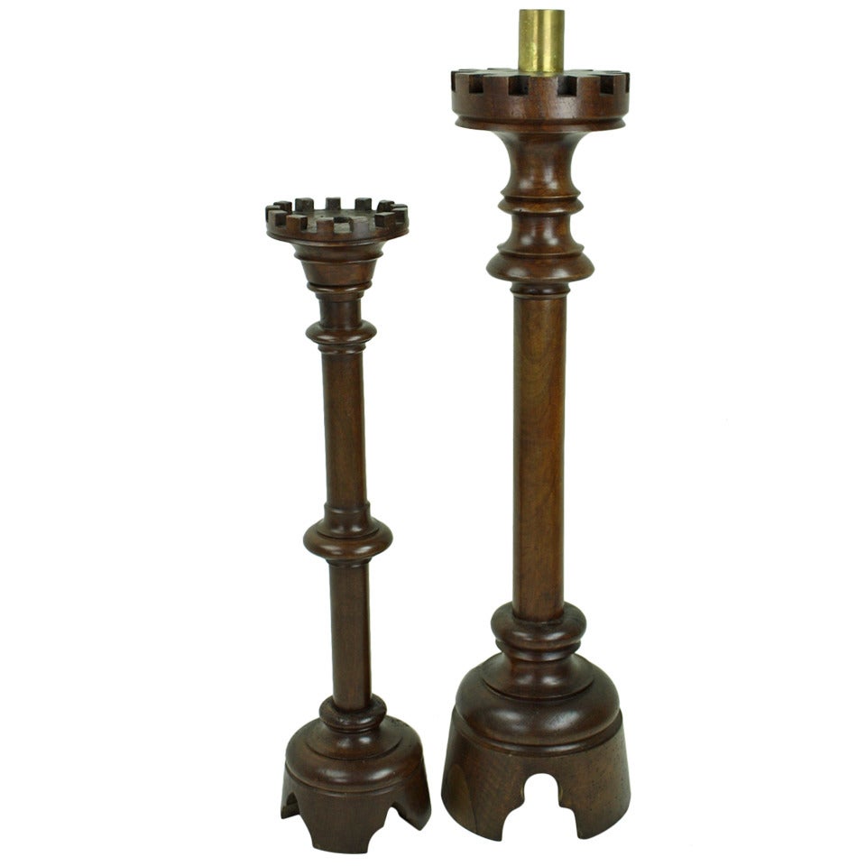 Two Tall Antique French Walnut Candlesticks For Sale