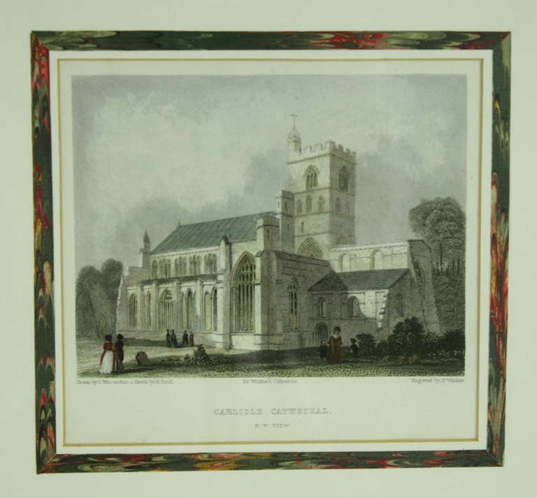 Six Antique Framed Engravings, Hand-Colored of Carlisle Cathedral, England In Excellent Condition For Sale In Port Chester, NY