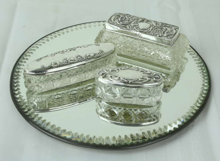 Three Antique English Hallmarked Silver and Crystal Trinket Boxes In Good Condition In Port Chester, NY
