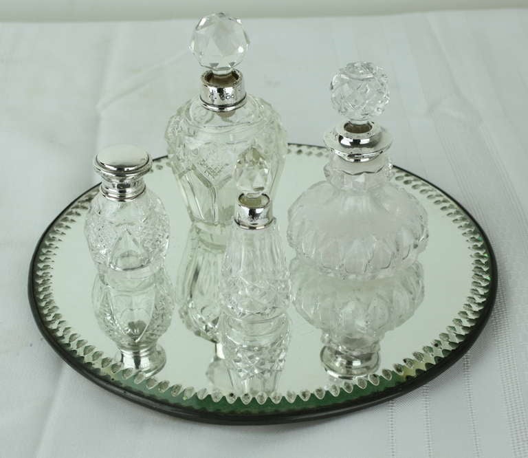 English Collection of Four Antique Hallmarked Silver and Crystal Perfume Bottles