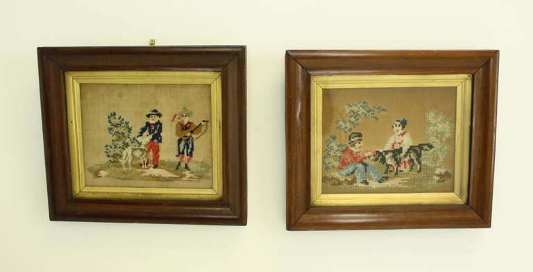 This is a delightful pair of neelepoints, charming children and animals. Very nice original frames and fillets, note that one frame is lighter in color, it may have been in a sunnier spot than the other, darker one. Also one background is darker