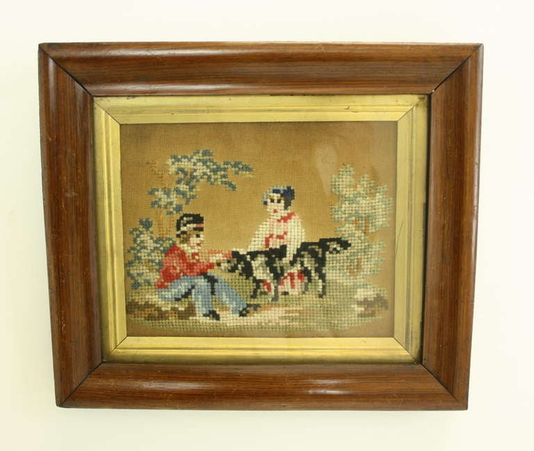 Pair of Early English Needlepoints of Dogs, Original Frames In Good Condition For Sale In Port Chester, NY