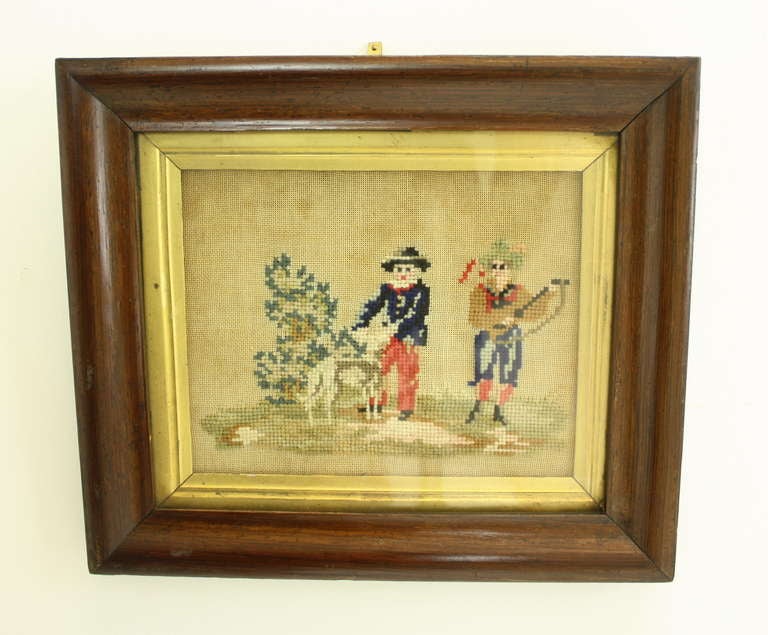 19th Century Pair of Early English Needlepoints of Dogs, Original Frames For Sale