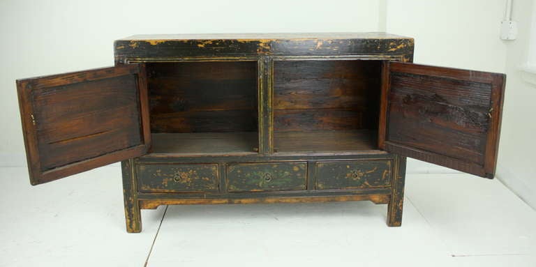 Antique Mongolian Black and Red Floral Sideboard In Good Condition In Port Chester, NY