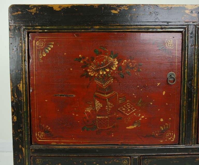 Paint Antique Mongolian Black and Red Floral Sideboard