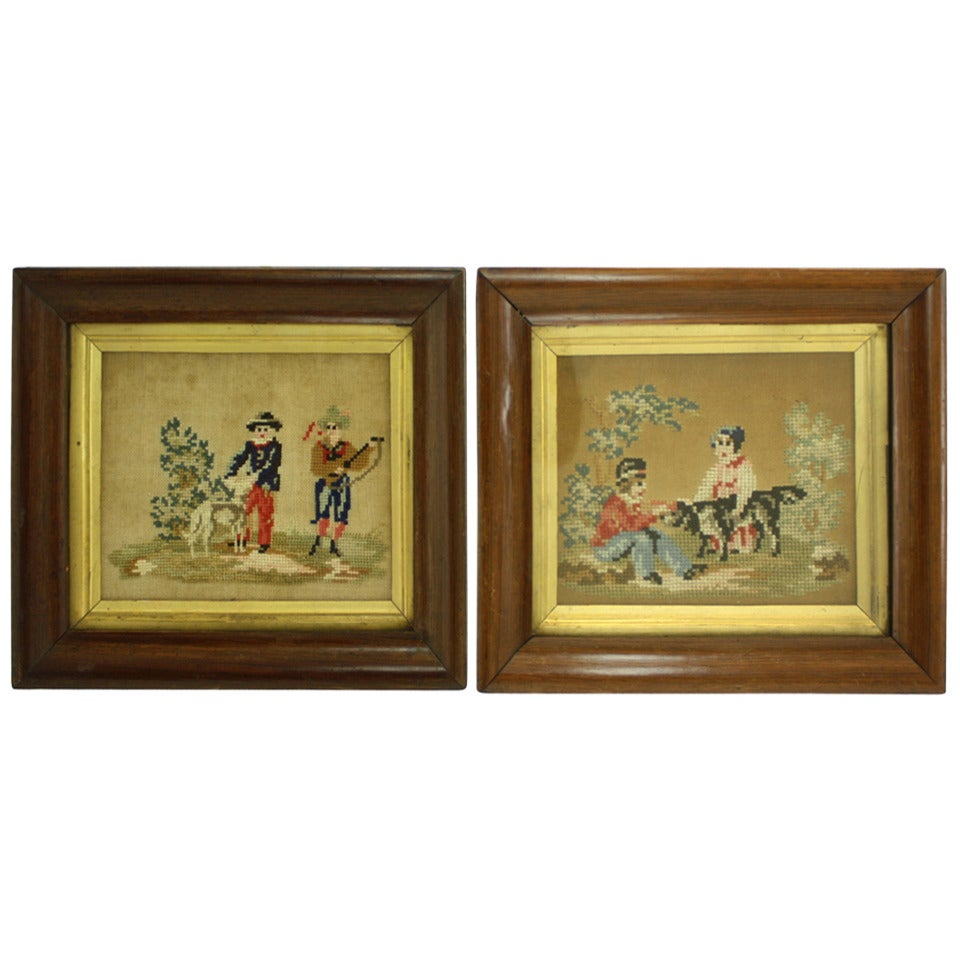 Pair of Early English Needlepoints of Dogs, Original Frames