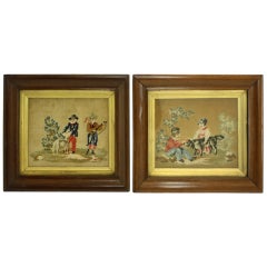 Antique Pair of Early English Needlepoints of Dogs, Original Frames