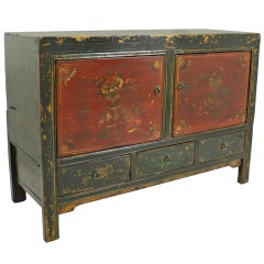 Antique Mongolian Black and Red Floral Sideboard