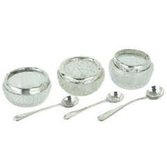 Group of Three Hallmarked Silver and Crystal Salts and Hallmarked Spoons
