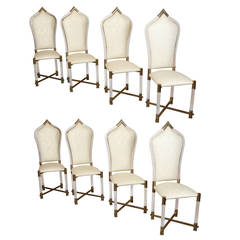 Set of Eight Lucite Dining Chairs with Lucite and Brass Legs and Trim