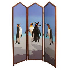 Large three panel Penguin folding screen by Lynn Curlee