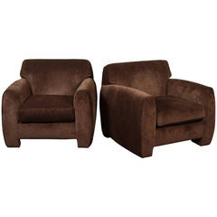 Vintage Pair of Chocolate Brown Chenille Club Chairs